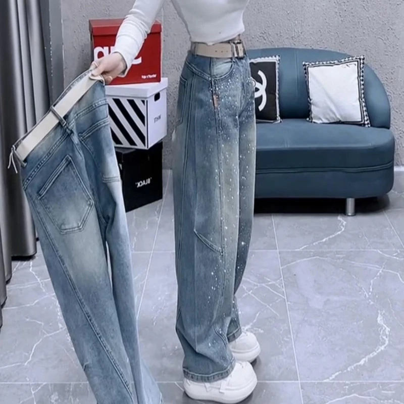 

Женские джинсы с прямыми штанинами и стразами, весна 2026, новые, с высокой талией, в стиле Y2K, ретро, уличные, повседневные, универсальные, широкие джинсовые брюки