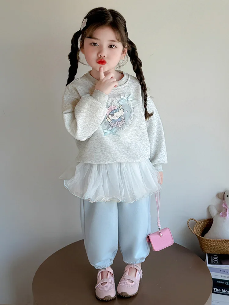

Girls' Sweatshirt Set for Spring and Autumn2025New Style Children's Trendy Heart Mesh Patchwork Casual Pants Two-Piece Set
