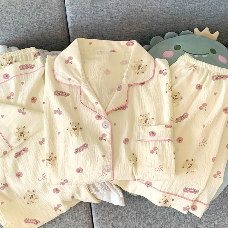 Women's New Short-Sleeve Cartoon Pajamas Summer Teen Fashion Casual Loose Pajama Three-Piece Set Wrinkled Fabric Summer Wear