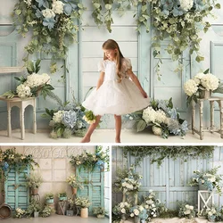 Spring Photography Backdrop Greenery Blue Decorative Pastoral Nostalgia Floral Baby Birthday Portrait Background Photo Studio