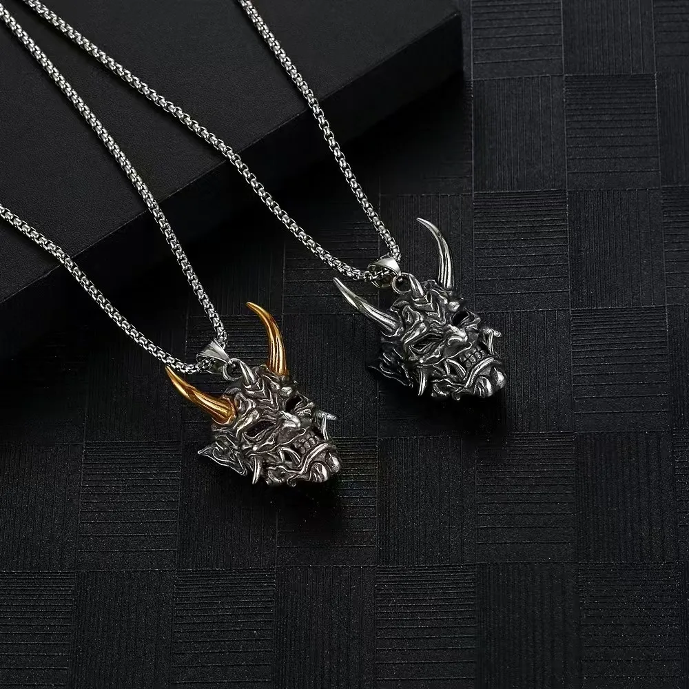 Punk Japanese Samurai Devil Mask Necklace For Men's And Women's Demon Ghost Pendant Long Chain Hip Hop Halloween Party Gifts