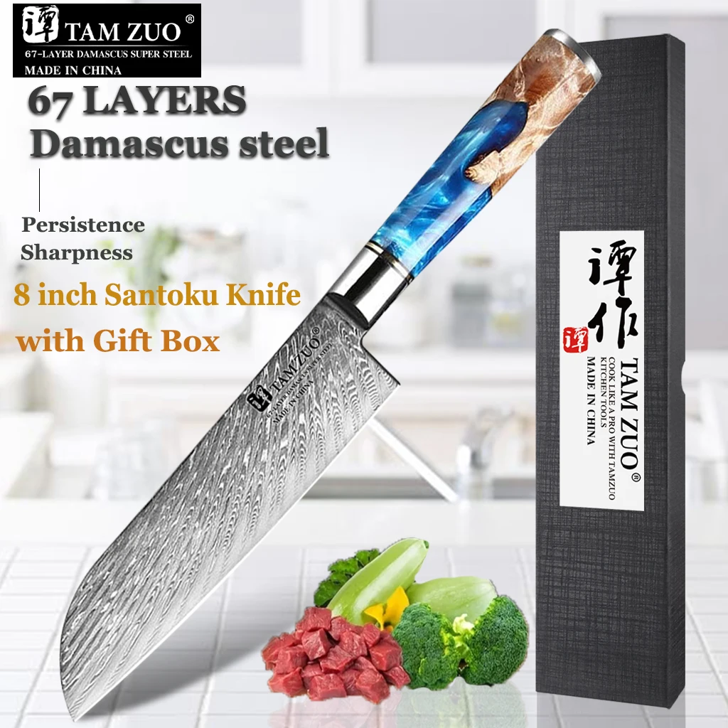 

67 Layer Damascus Steel Kitchen Cleaver Japanes Santoku Knife VG10 Resin Handle Chef Knife Cooking Tools with Gift Box