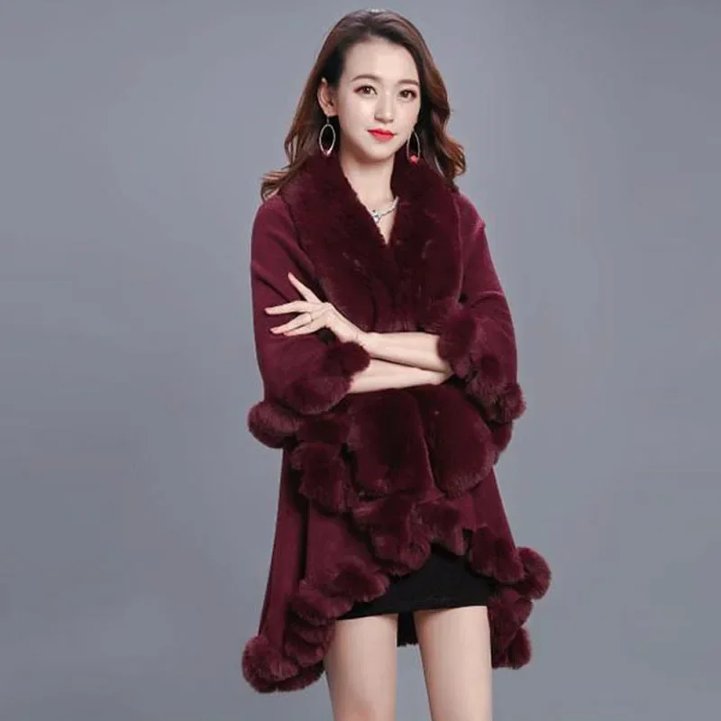 10 Colors 2 Layers Women Winter Cappa Shawl Big Faux Rex Rabbit Fur Collar Long Knited Poncho Overcoat Wraps Fur Pashmina Cloak