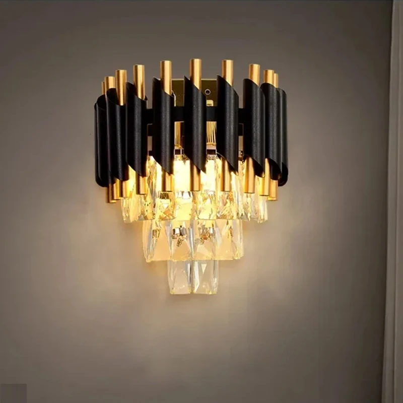 Luxury Round Crystal Wall lamp Modern Gold Black Chandelier For Living Room Bedroom Dining Room Villa Duplex Large Lighting