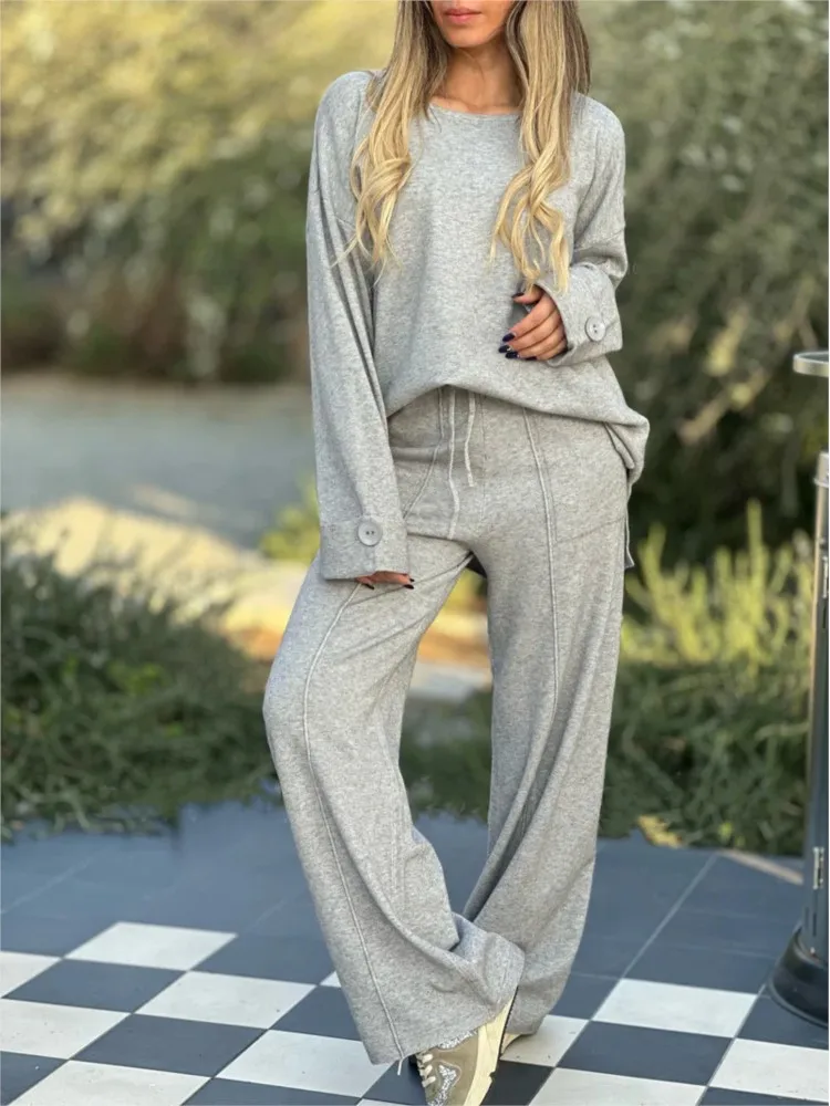 Dames 2024 Nieuwe Mode-Knop Casual Set Effen Kleur Lange Mouw Set Losse Wijde Broek Lange Broek Lange Broek Tweedelige Set