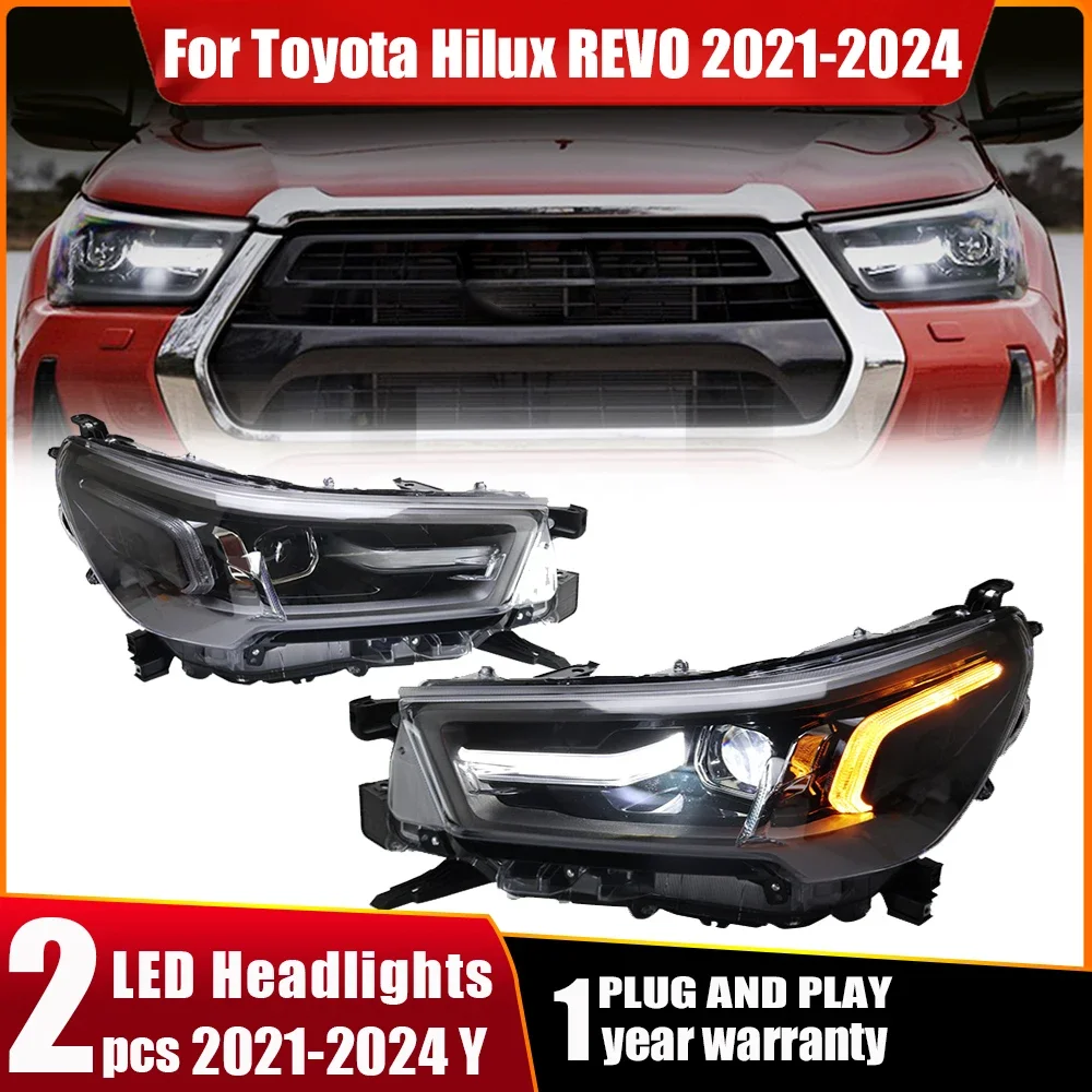 1 Pair Car Full LED Headlights For Toyota Hilux Revo 2021 2022 2023 2024 Head Lamp LED Bi-Lens Dynamic Turn Signal Accessories