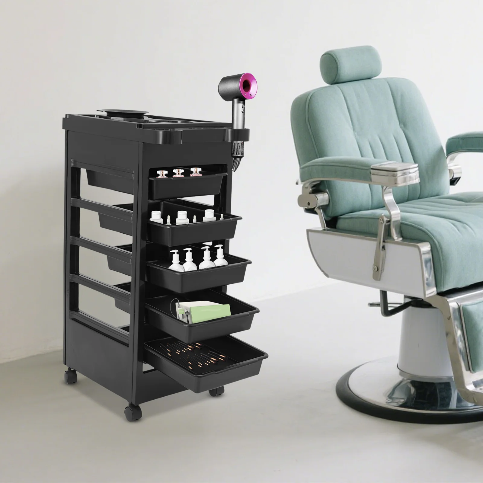 

Beauty Salon Trolley W|5 Drawers, Work Trolley Black Stackable Barber Trolley, Hair Dryer Holder&4 Wheels, 50 x 32 x 81 cm