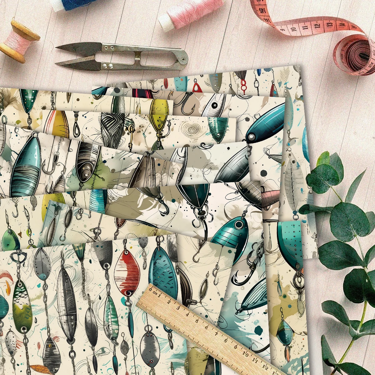 12pcs Vintage Fishing Lure Pattern Scrapbook Paper For Father's Day Themed Card Making,Diy Gift Wrapping,Party Background Decor view 5