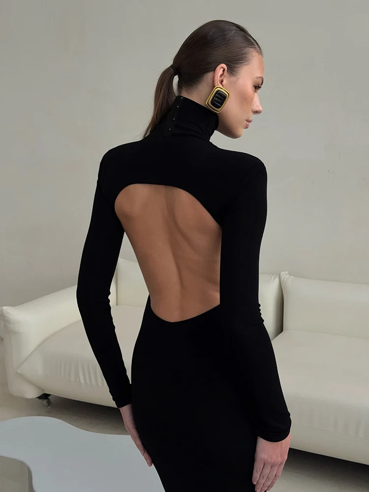 이버 클래식 백리스 분할 원피스 여성 터틀넥 버튼 전체 소매 우아한 섹시한 간단한 복숭아 엉덩이 스트레치 스키니 바디 콘