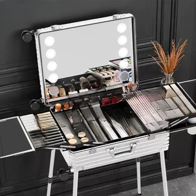 Suitable for Light Aluminum-magnesium Alloy Cosmetic Case Large-capacity Multi-layer Foldable Storage Box, Mirror with Lamp