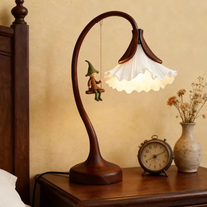 

French medieval table lamp light luxury style elf bedside lamp fabric lampshade LED decoration creative countertop lamp