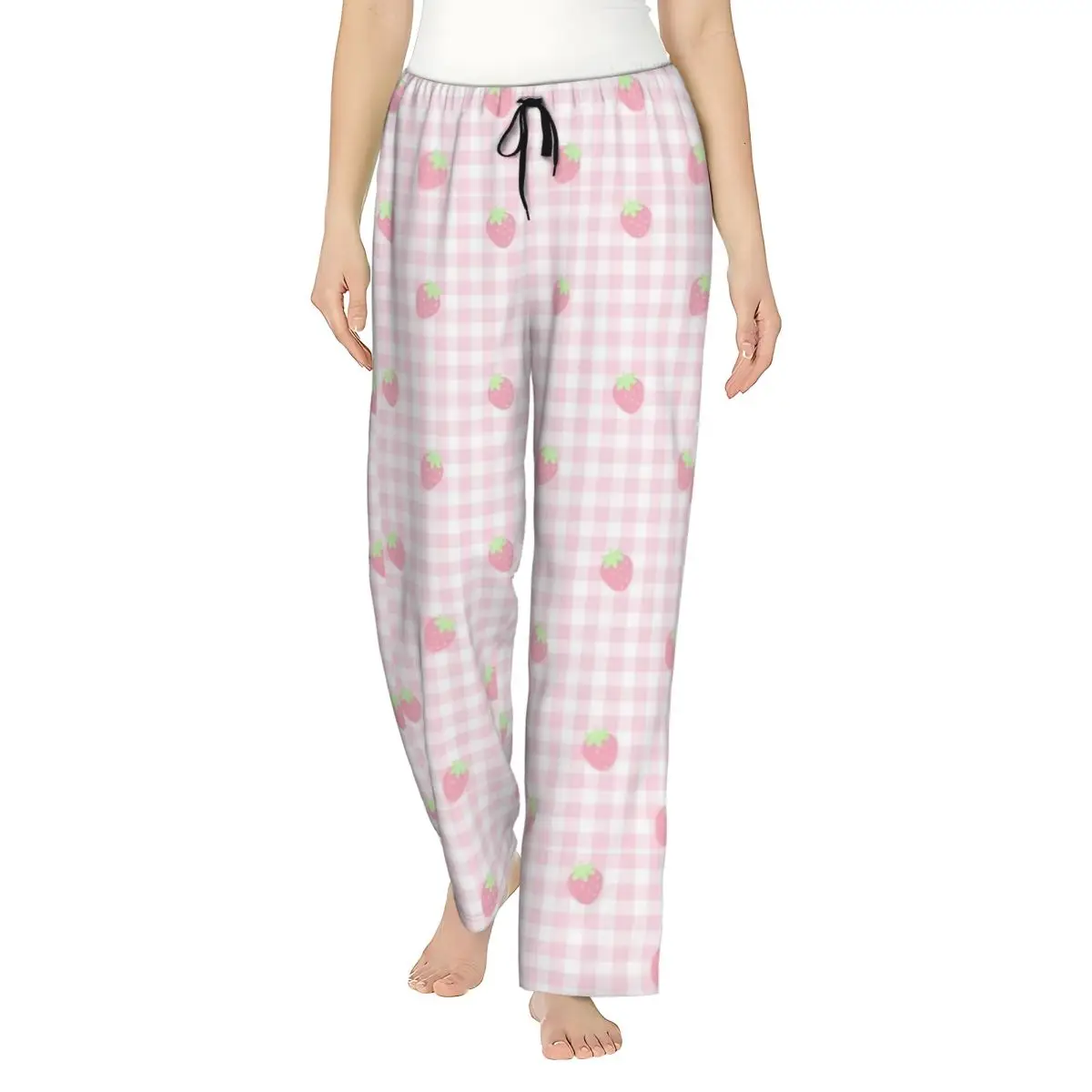 Ladies Pajama Pants Strawberry Gingham Kawaii Pastel Picnic Lounge Pants with Pockets Pajama Bottoms Dorm