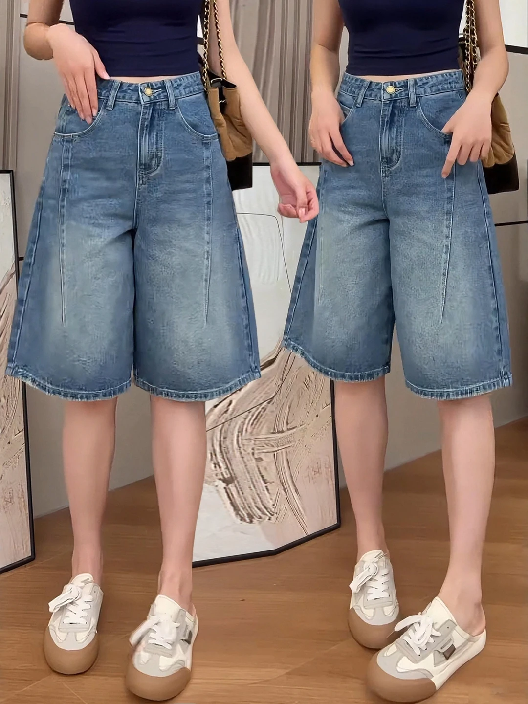 

Blue Denim Wide Leg Short Pants Women's plus Size Summer New Style Retro Five-Quarter Length Flared Shorts High Waist Trousers