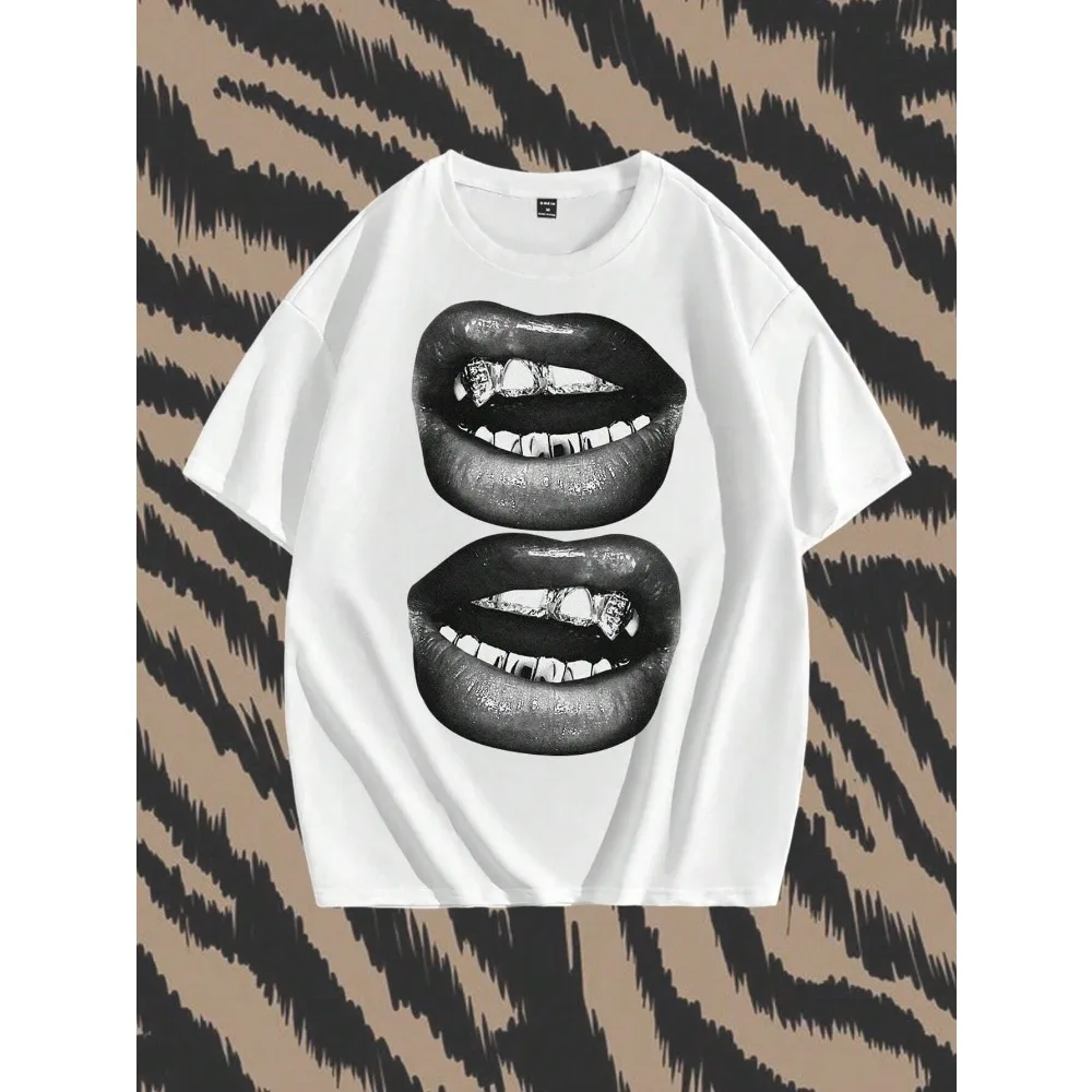 A White Street Style Top with Full Black and White Mouth Pattern Suitable for Summer Men's T-Shirt Oversized T Shirt  Harajuku