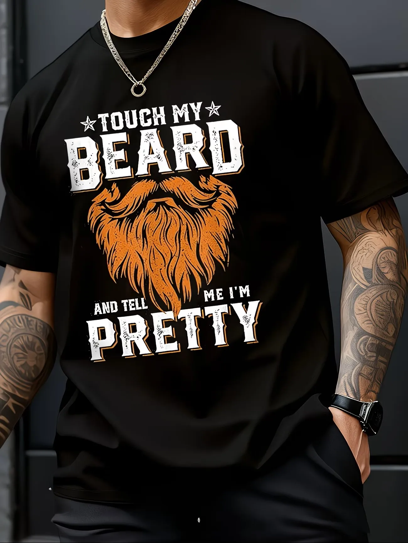 Beard Skull Pattern T-shirt - Soft, Men's Round Neck Short Sleeve  Casual Streetwear with Bold Orange and White Prints
