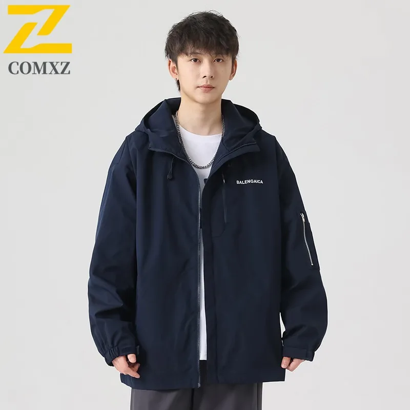 

COMXZ Men Trend Brand Loose Fit Casual Jacket Hooded Coat Lightweight Street Fashion Comfort Fit Outdoor Wear Water Resistant