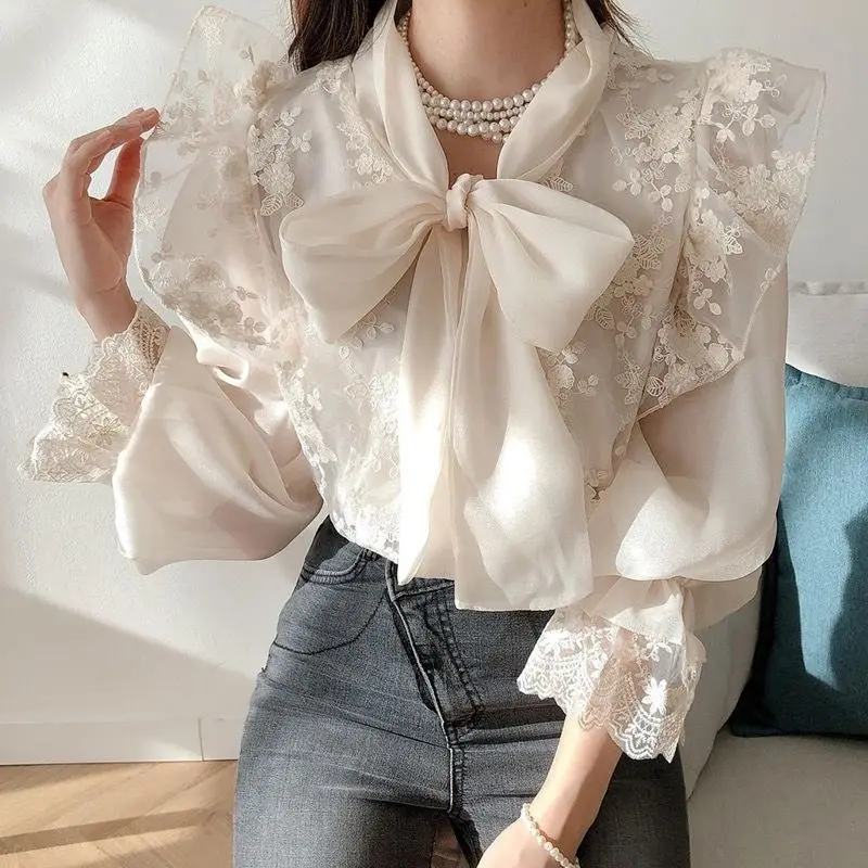 QWEEK Chiffon Lace Up Blouse Woman Summer Loose Long Sleeve Shirt Female Elegant Luxury Vintage Clothes Korean Style Aesthetic