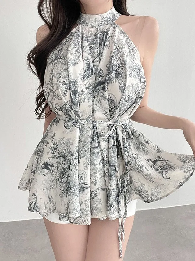 بلوزة صيفية أنيقة بطباعة سومي عتيقة بدون أكمام للنساء، قميص شيفون فضفاض بتصميم رقيق وأنيق