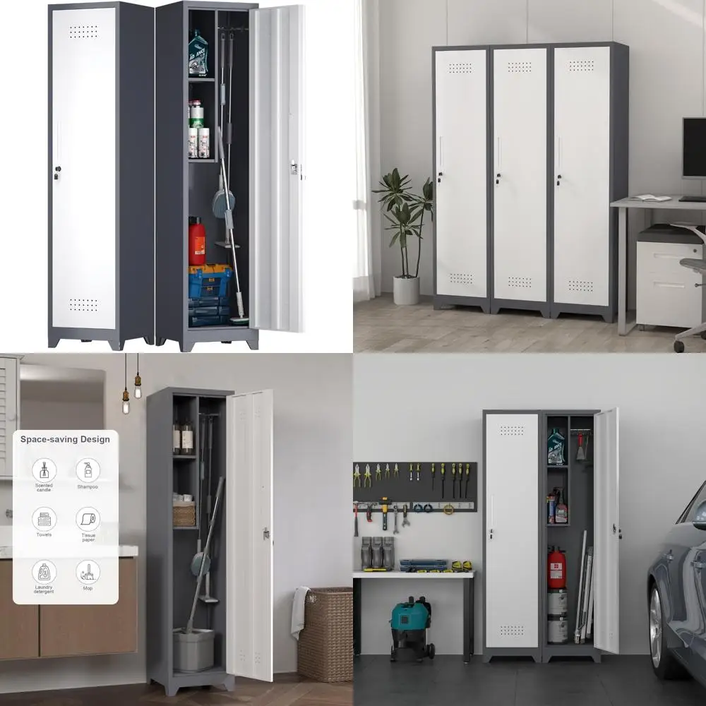 

Металлический универсальный шкаф для хранения метлов и швабр с подвесным стержнем, S-образными крючками и средствами для чистки в помещении.