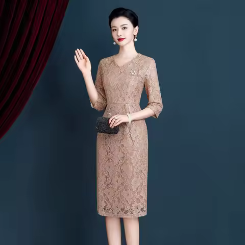 Yourqipao 2025 Spring Champagne Lace Evening Dress Chinese Mother Cheongsam Wedding Guest Party Gowns Qipao Dress