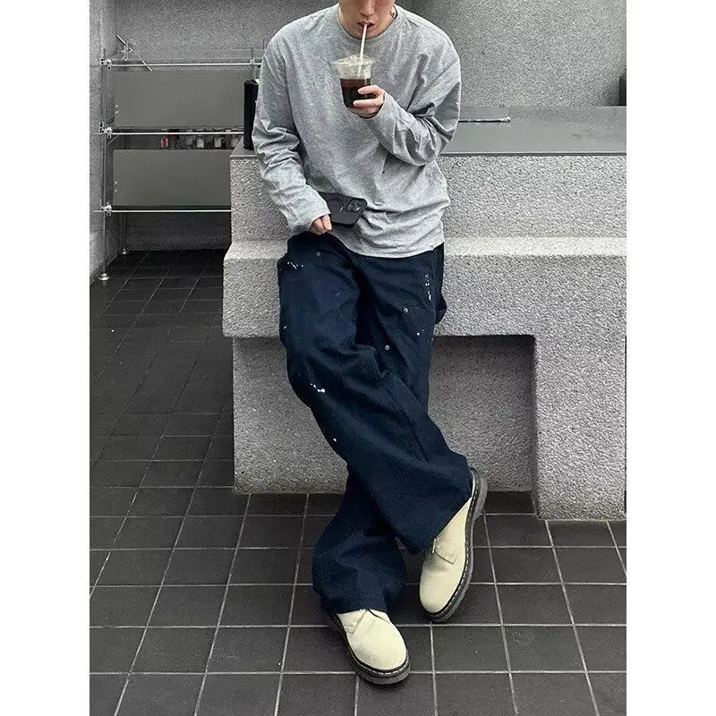 Men's Splashing Ink Design Blue Pants Streetwear High Waist Sweatpants Cool Boy Casual Bottom Male High Waist Thin Trousers