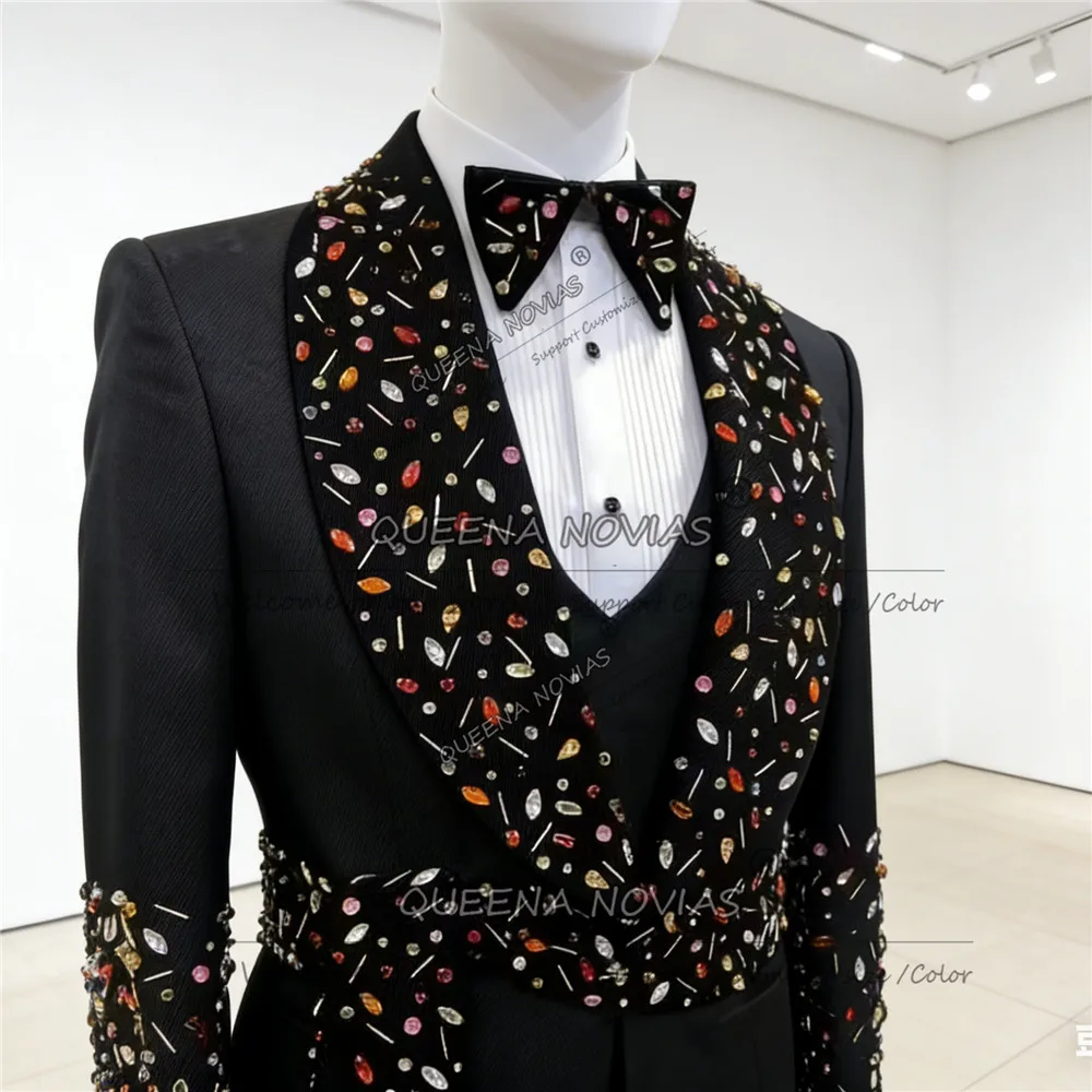 

Мужские костюмы с бисером и камнями, приталенные блейзеры с лацканами-шалью для выпускного вечера, свадебные смокинги для жениха, костюмы для банкетов, trajes para hombre