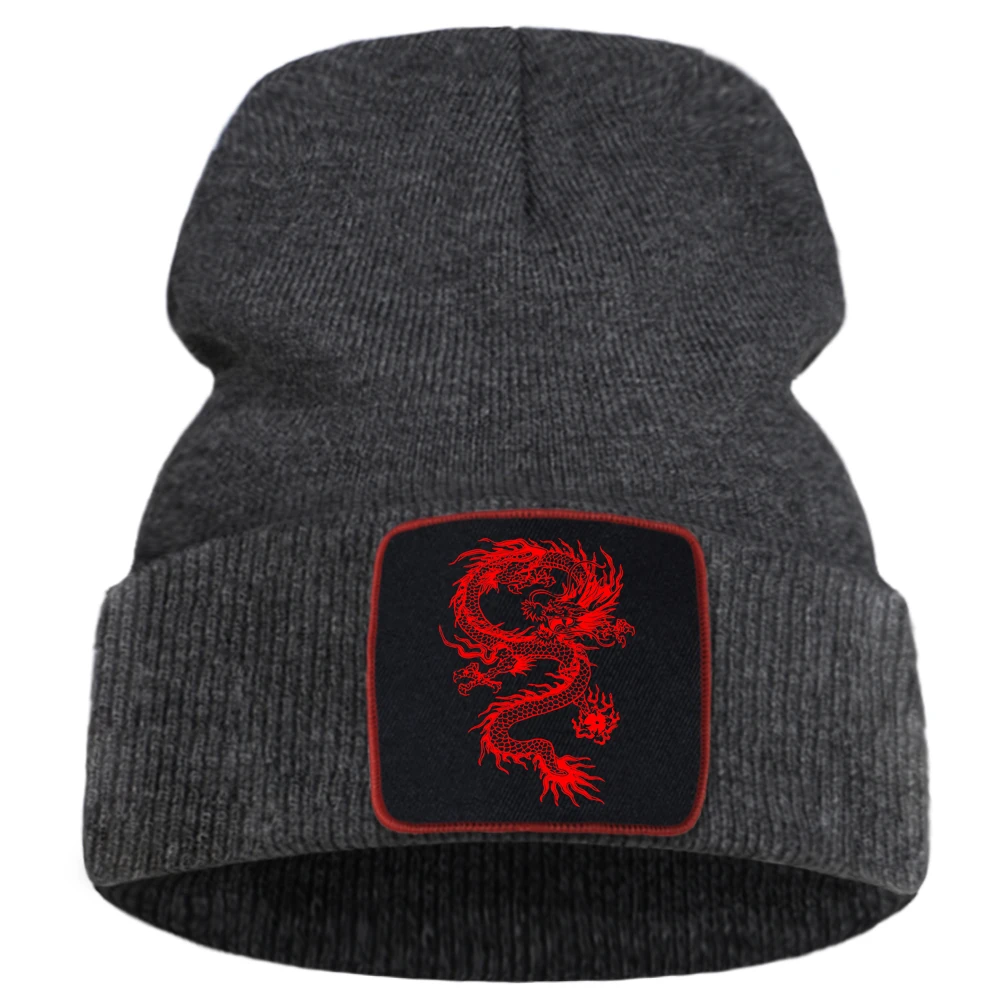 Hat Red Dragon Print Winter Warm Women Winter Hat Outdoor Casual Ski Man Knit Hats Sofe Cotoon Beanie For Teens