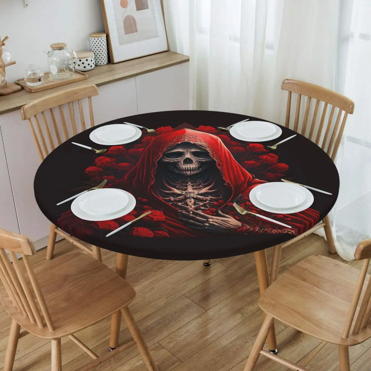 Santa Muerte Saint Death Goth Mexican Muertos Skull Round Tablecloth Oilproof Table Cloth for Kitchen Events Dining Table Cover