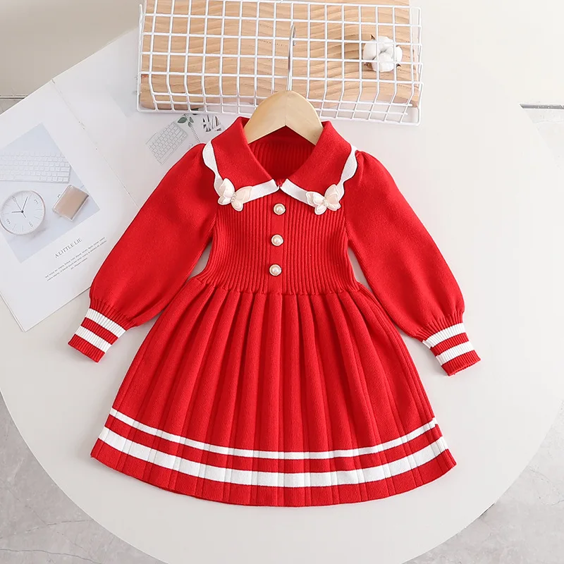 Girl Knitted Dress Bow Pearl Sweater Spring Cute Stripe Children Clothing Long Sleeve Princess Dresses Fashion Baby Girl Clothes