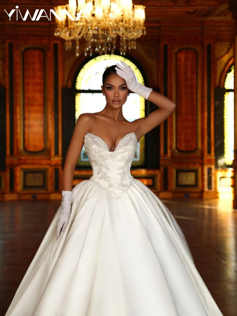 فستان زفاف طويل أنيق من الساتان واللؤلؤ العاجي بدون قفازات على شكل حرف v بدون أكمام فستان زفاف 2026 فساتين مخصصة جديدة للعروس