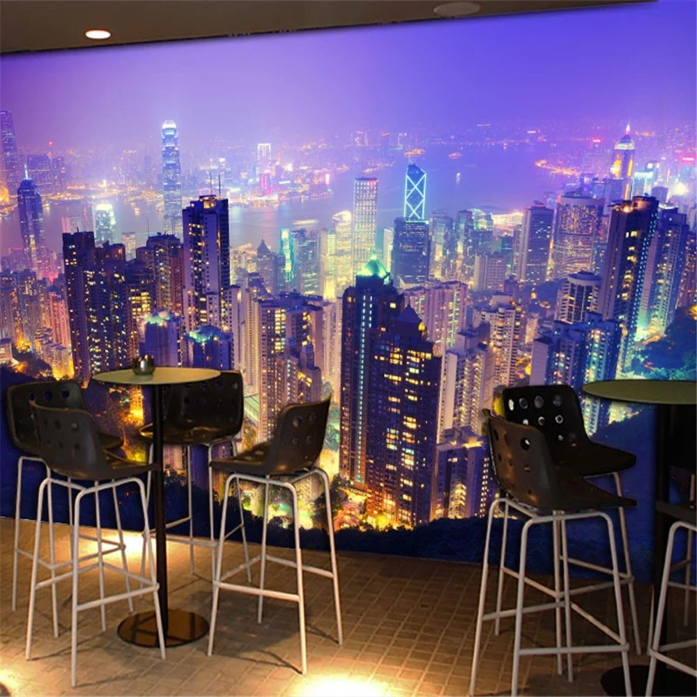 Custom City Night Scenery mural Wallpaper Hong Kong City Scenery Landscape Painting Wall Cloth Bar Restaurant Hotel Background