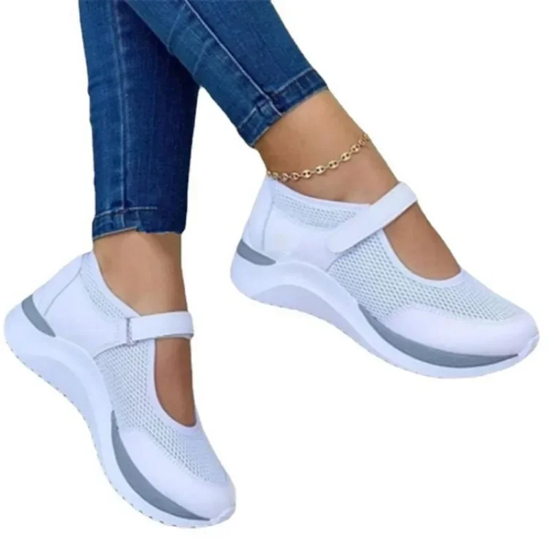 Zapatos De Suela White De Punto De Cabeza Redonda Para Mujer, Zapatillas Informales De Rejilla, Talla Grande 36-43 Women Shoes image 5