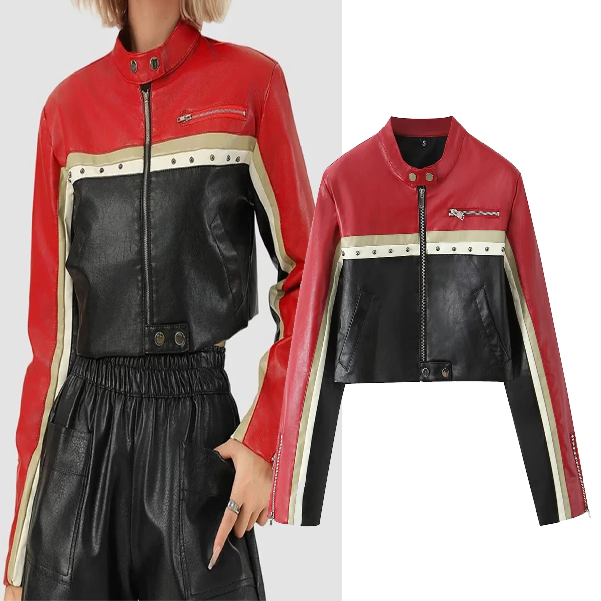 

Faionable Color Blo PU Leather Jaet for Women with Rivets ort Sle Commute Wind Youth Long Sve Zipper Closure