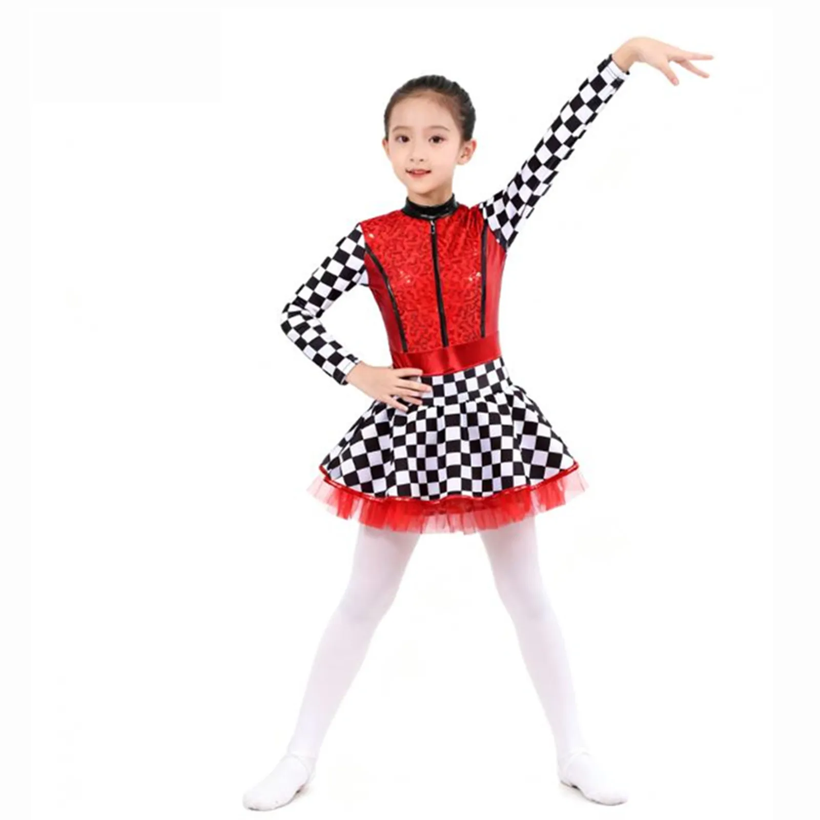 

Girls Racer Racing Driver Cosplay Outfits Costume Checkerboard Print Ballet Leotard Dress Long Sleeve Sequin Tutu Jumpsuit Dress