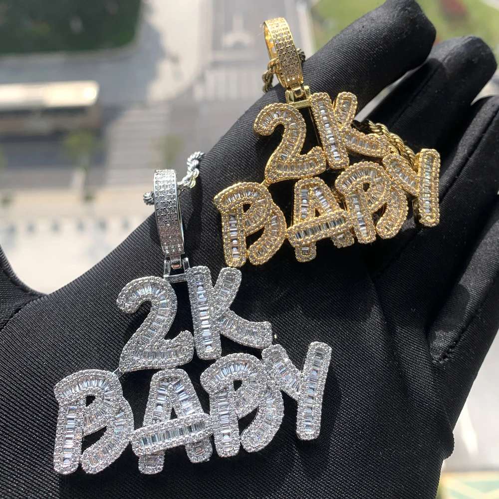 Hip Hop Full Paved 5A Cubic Zircon Pendants Necklace Gold Plated Bling Cz Custom 2000s 2k Baby Rock Punk Cool Monogram Jewelry