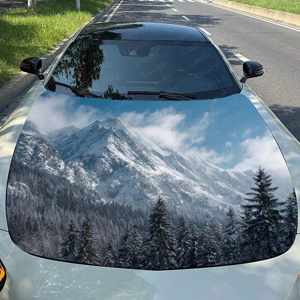 Snow Mountain Pine Forest Car Hood Wrap Colorful Vinyl Waterproof Sticker For Trucks