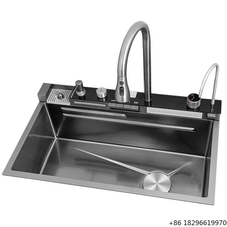 

Fashion 304 Stainless Steel Single Bowl Anti-rust Anti-scratch Handmade Digital Display Waterfall Bottom Black Kitchen Sink