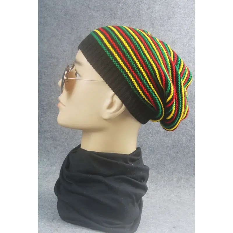 Unisex Crochet Wavy Fine Stripes Beanie Cap Rainbow Jamaica Style Flag Hip Hop Street Winter Slouchy Baggy Skullies Hat
