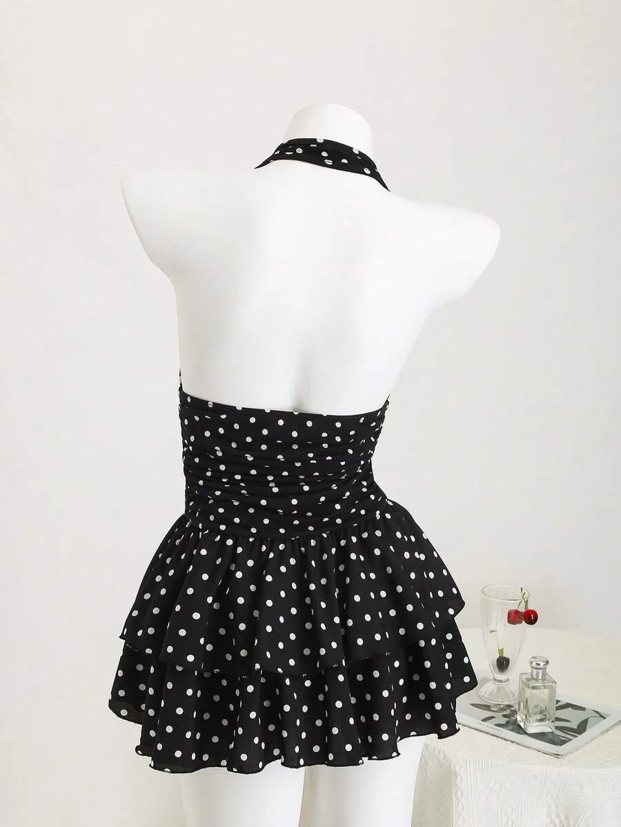 여름 신상 미국 스트리트 핫걸 클래식 프린팅 디자인 홀터 슬리브리스 숏 얇은 허리 케이크 스커트 여성용 INS 스타일