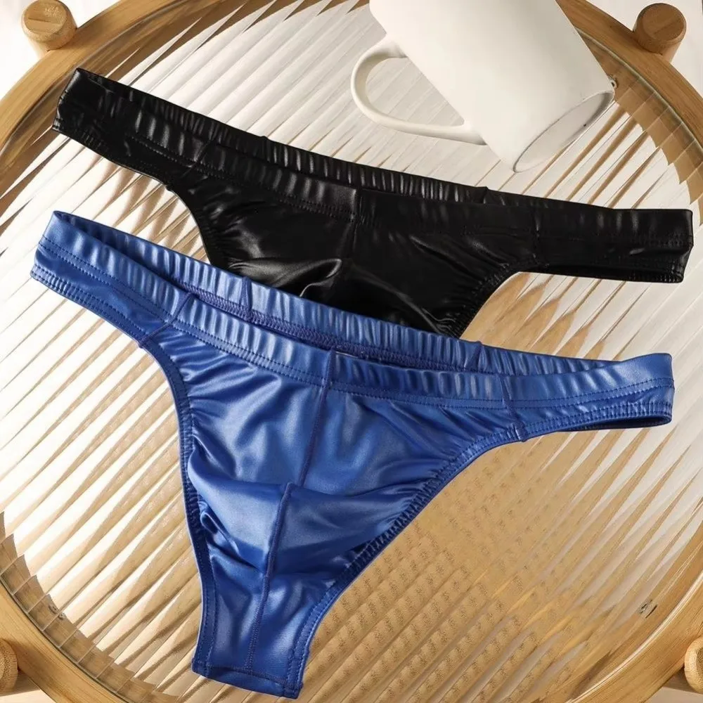 Solid Design Satin Silk Men's Thong Underwear Low-Waist Underpants Glossy Men Triangle Panties Youth Style