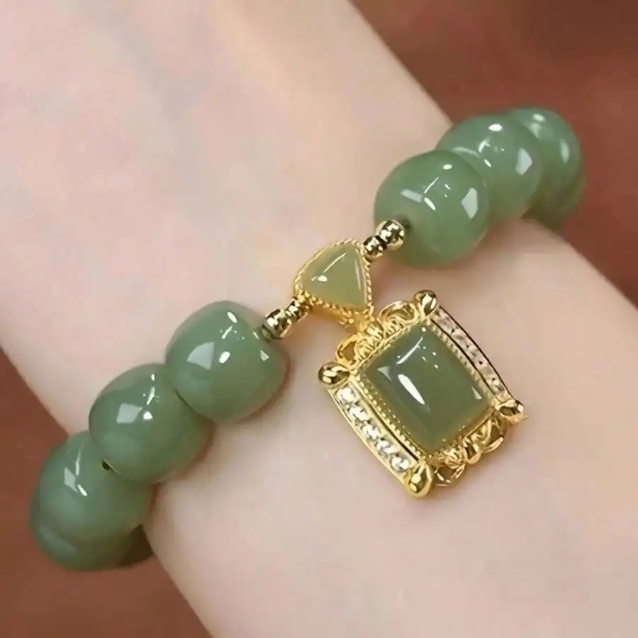 

Elegant Chinese-Style Green Jade Beaded Bracelet | Imitation Jade Pendant & Gold Accents, Versatile for Daily