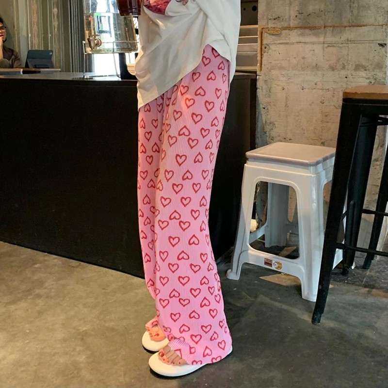 GIDYQ Pink Love Heart Wide Leg Pants Women High Waist Casual Folds Straight Leg Pants Fashion Loose  All Match Sweeping Pants