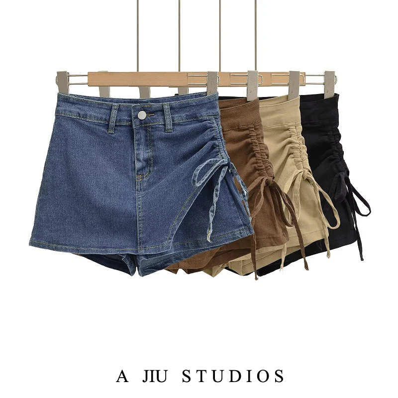 

Американская ретро популярная джинсовая юбка с высокой талией для девочек, женская летняя дизайнерская облегающая юбка с завязками по бокам