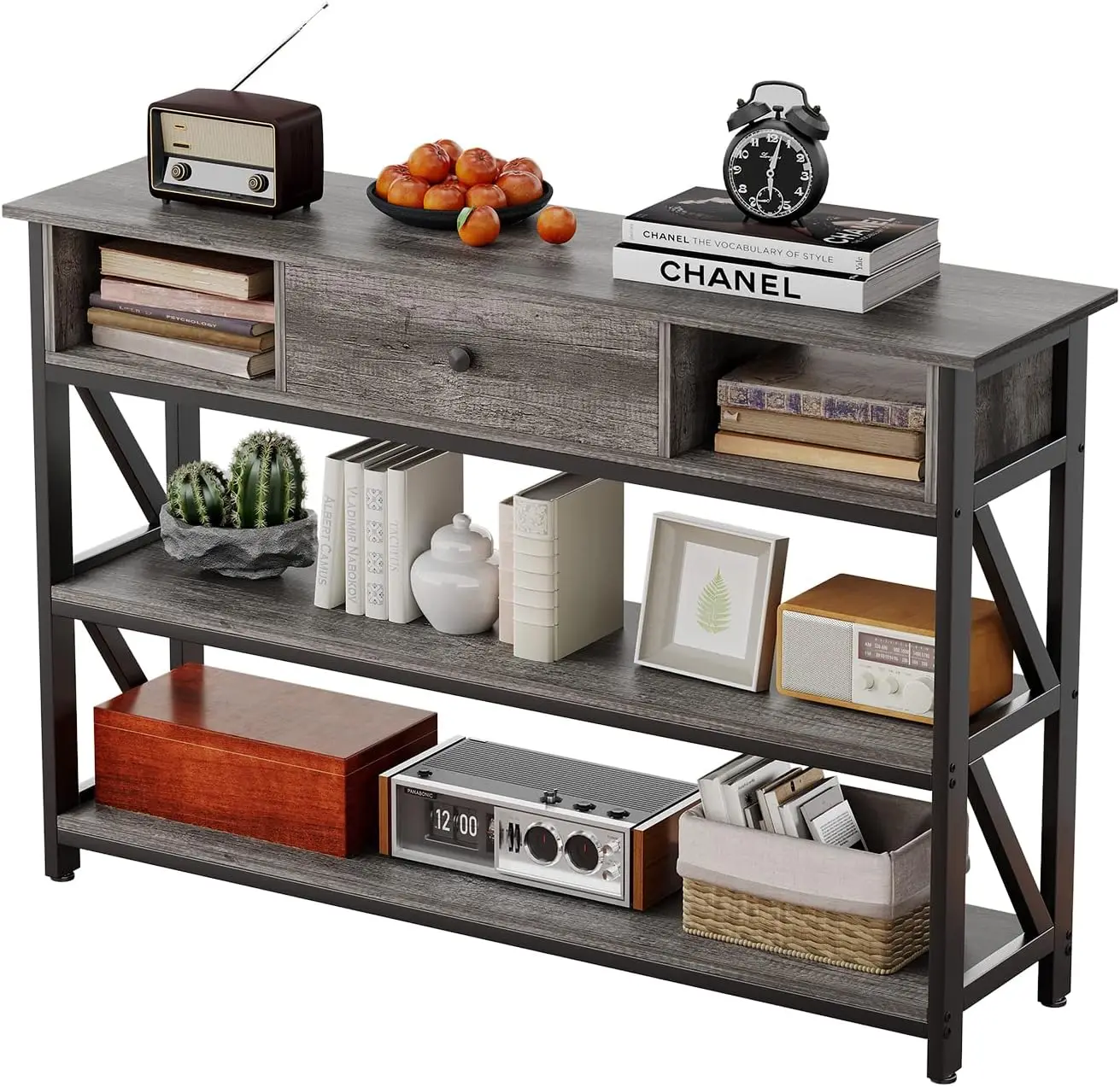 47 Inch Console Sofa Table with Drawer, Industrial Entryway Table with Storage Shelves, Storage Organizer for Hallway