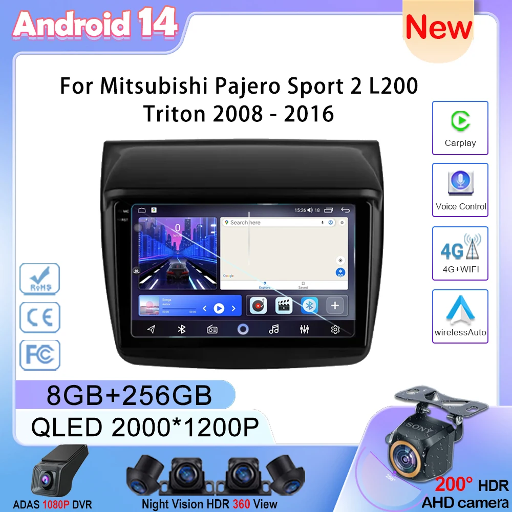 Car Android 14 Carplay For Mitsubishi Pajero Sport 2 L200 Triton 2008 - 2016 Auto Radio Stereo GPS Navigation Multimedia Player