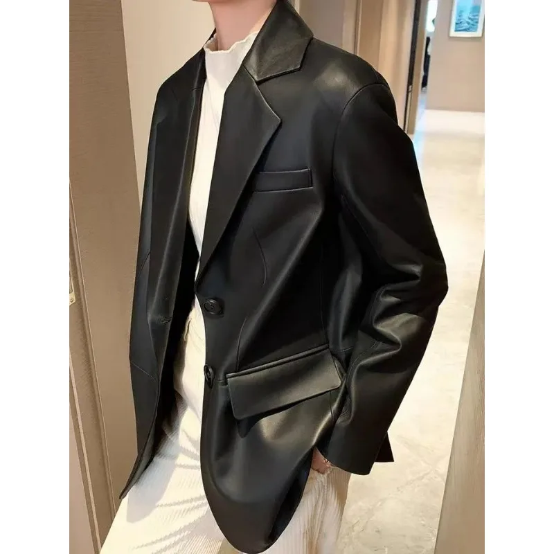 

Shoulder Padded Suit Leather Jacket Women's Clothing 2025 New High-end Fried Street Fashion Loose Cotton Korean Version Coat