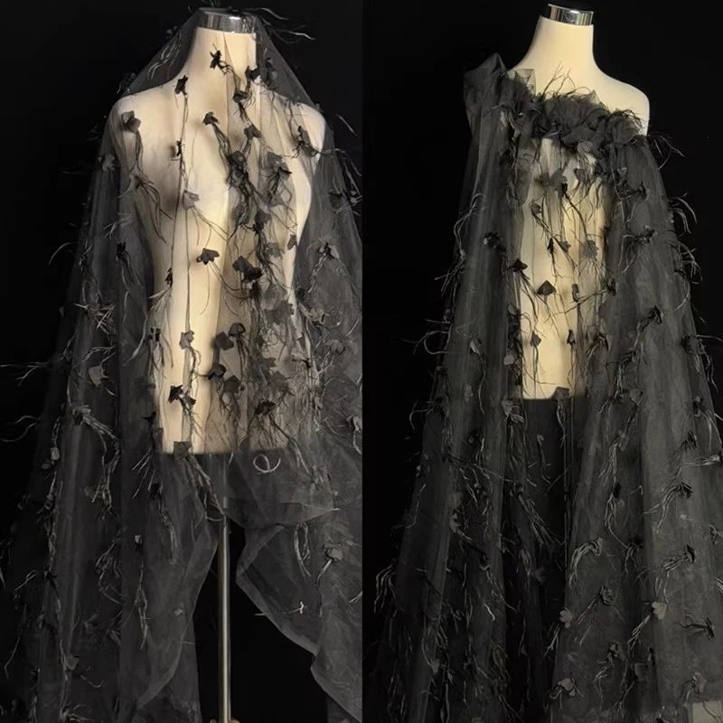 

White black pink feathers three-dimensional flowers embroidered mesh sewn wedding dress evening gown diy fabric