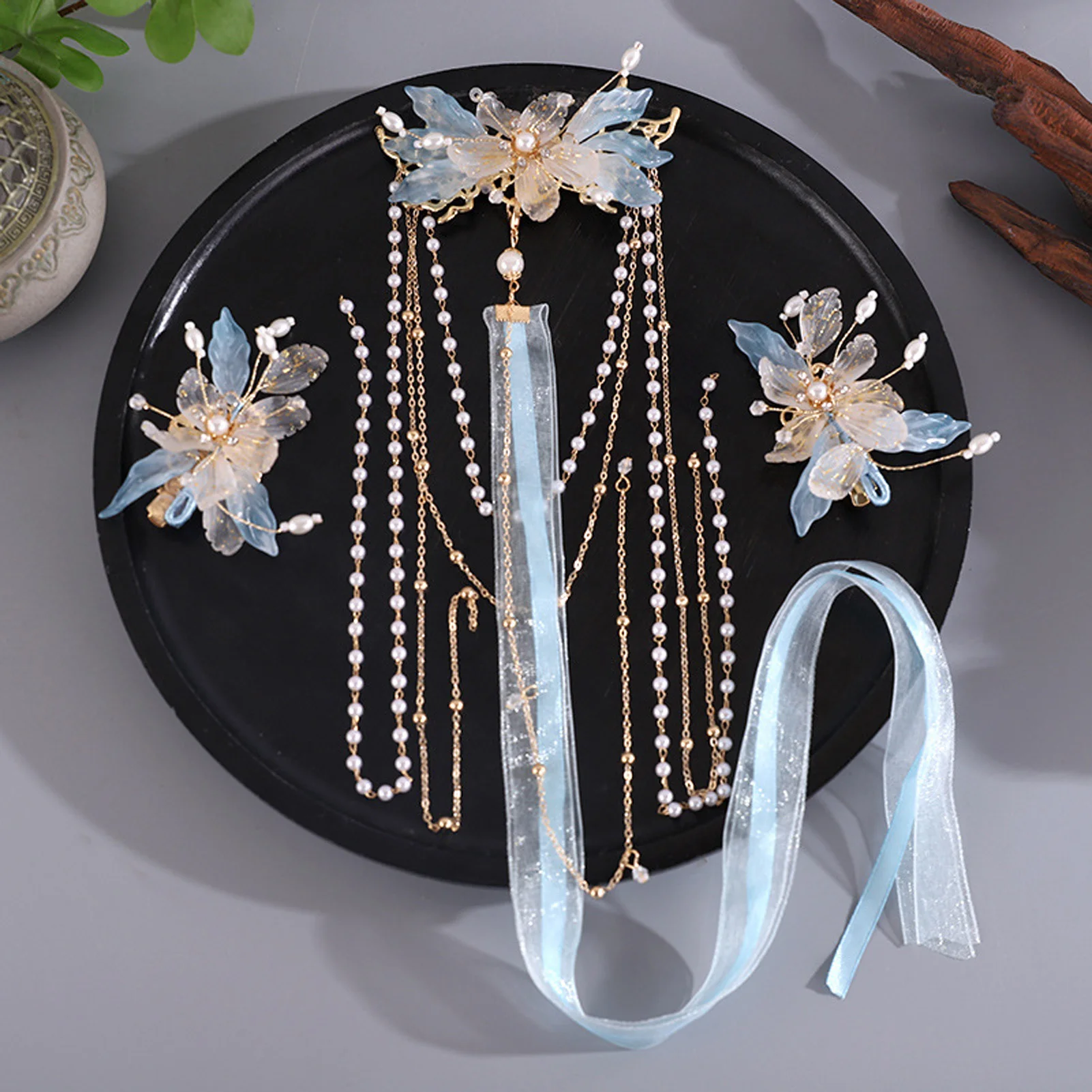 

Flower Hairpin Side Clip Set with Long Tassel Headpiece Ancient Party Barrette Head Jewelry Girls Hanfu Hair Accessories