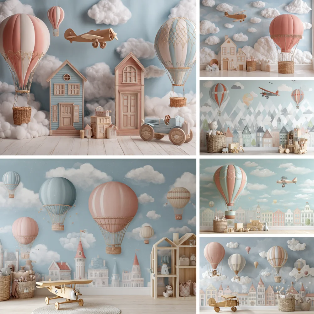 

Bear Adventure Pilot Photography Background Baby Shower Birthday Party Hot Air Balloons Plane Travel Kids Photo Backdrops