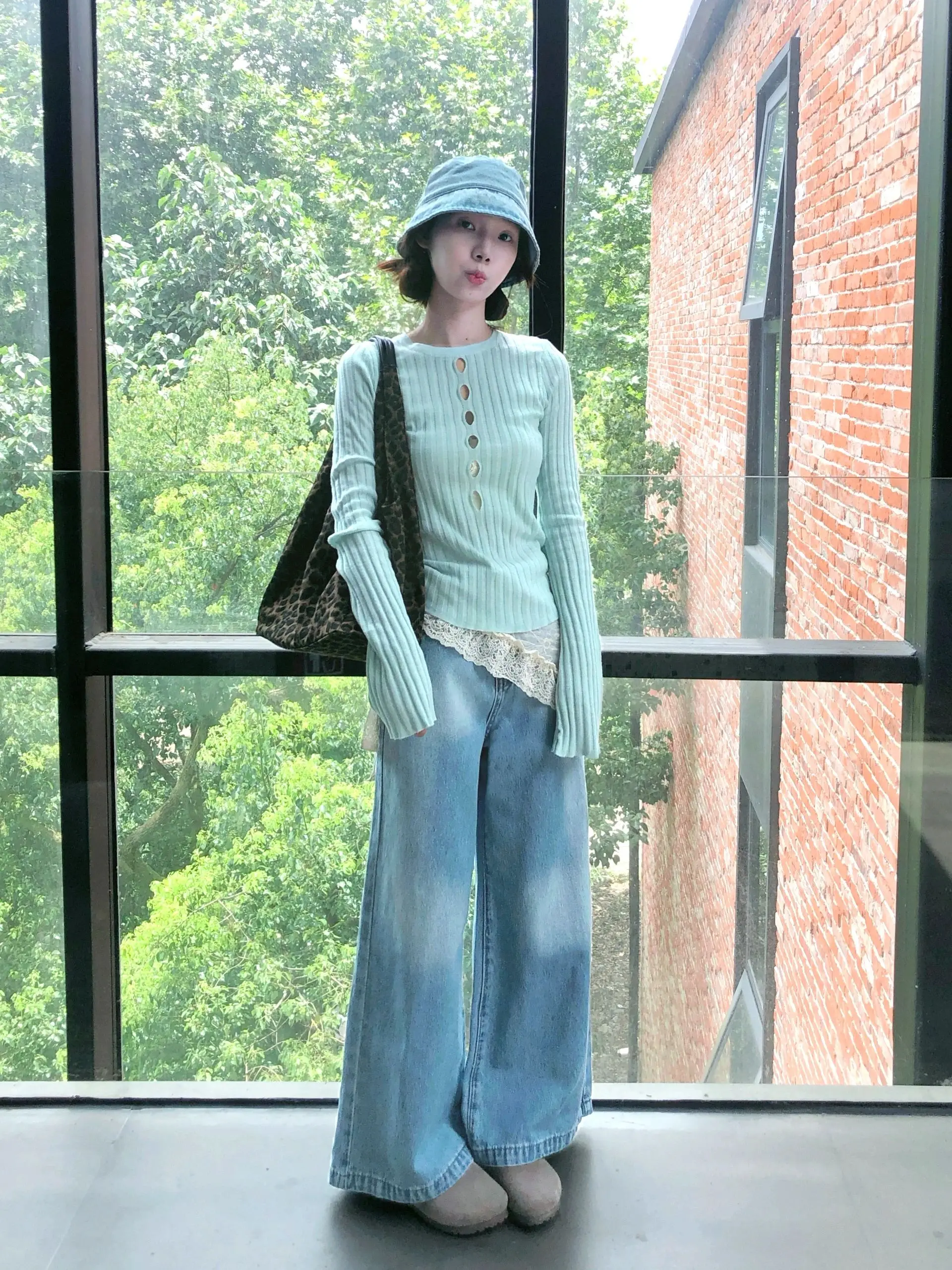 

Mint Green Knitted Long Sleeve T-Shirt Women's Hollow out Slim Fit Unique Inner Wear Top Commute Style Korean Version